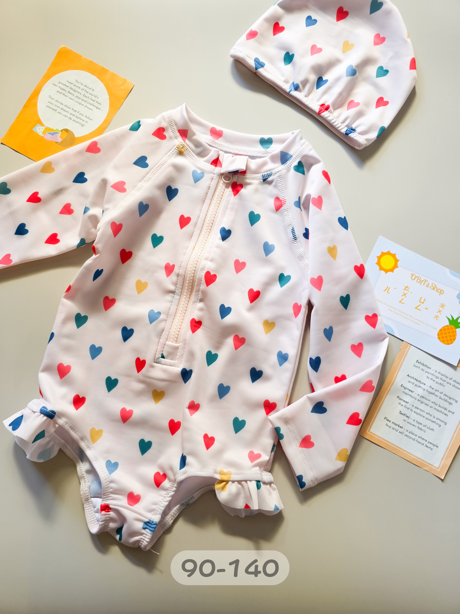 淺粉彩色愛心 長袖連身泳裝2件組