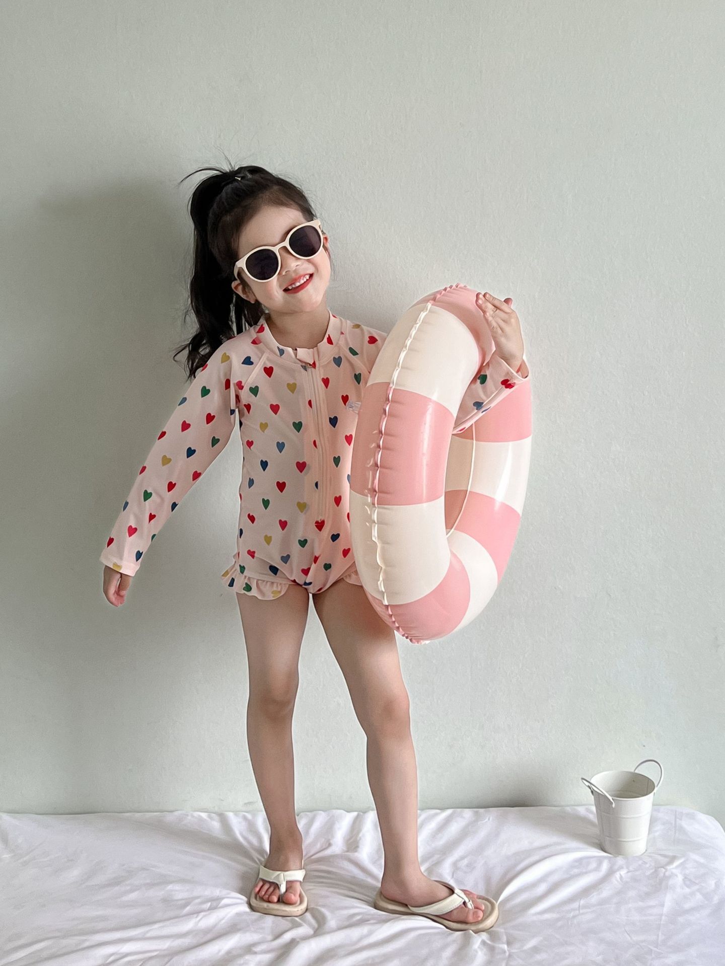 淺粉彩色愛心 長袖連身泳裝2件組