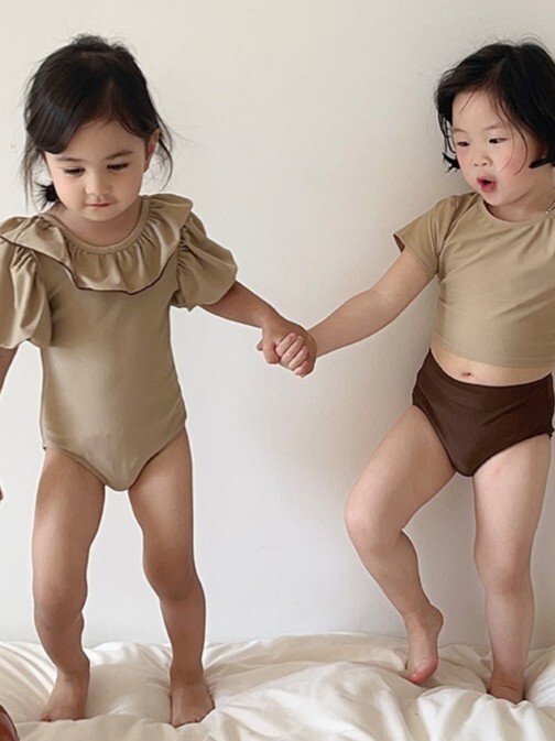 奶茶花邊 連身泳裝2件組