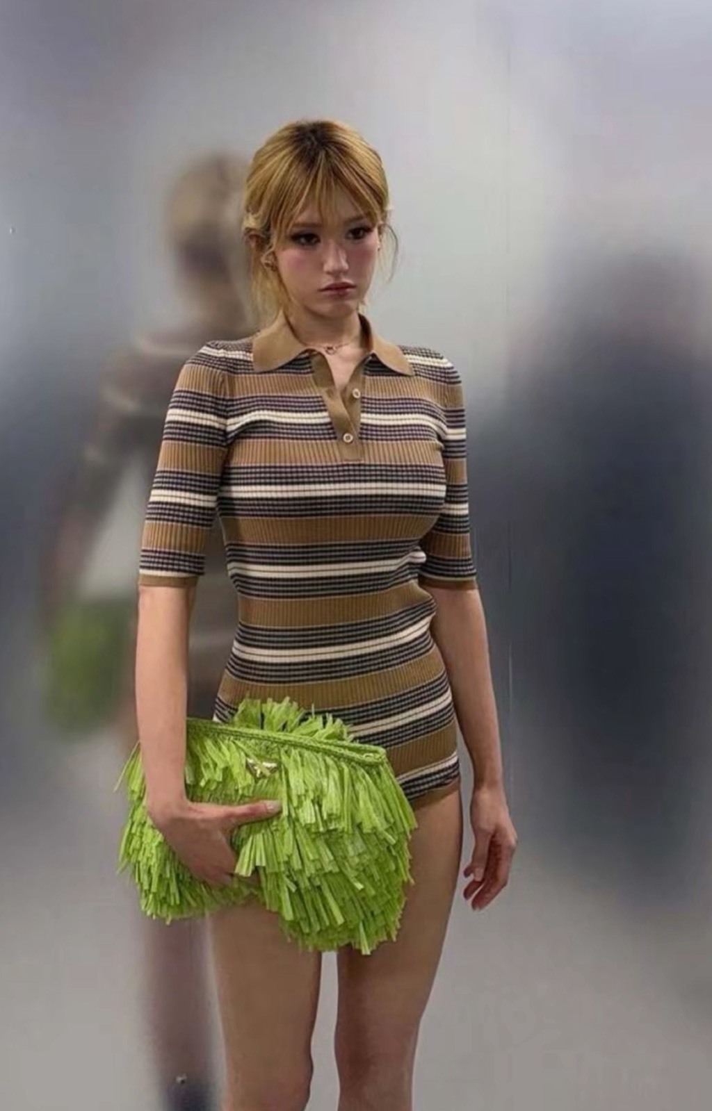 PRADA 條紋棉質POLO衫 女款 駝棕 提花針織 短袖上衣 義大利精品 SOMI同款 Jun25