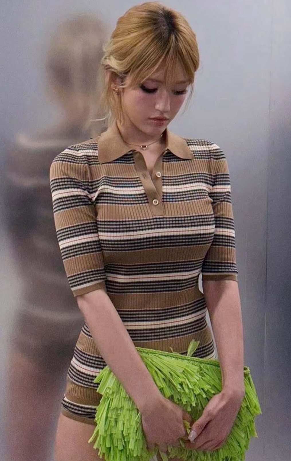 PRADA 條紋棉質POLO衫 女款 駝棕 提花針織 短袖上衣 義大利精品 SOMI同款 Jun25