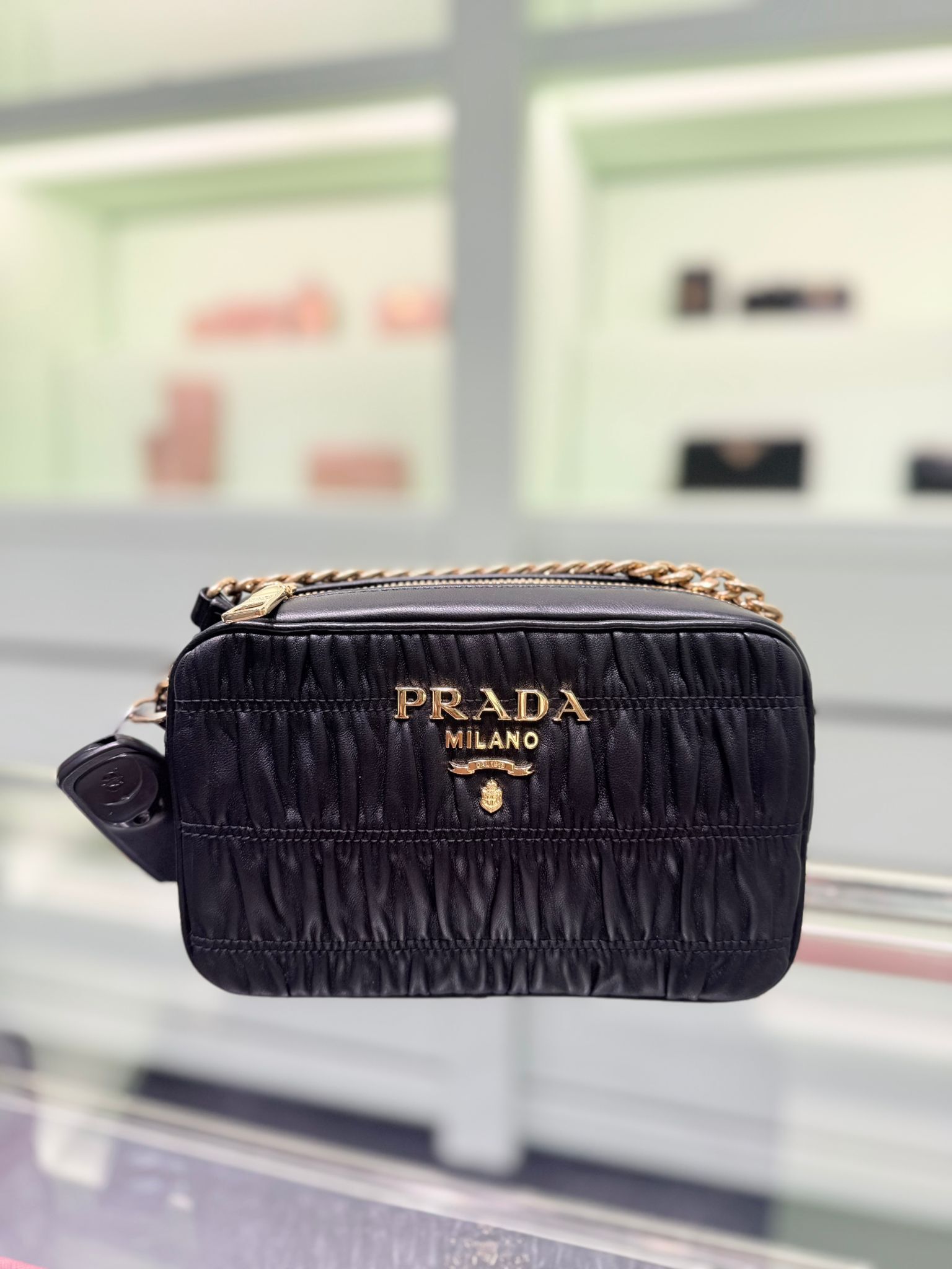 Prada Bag Leather camera chain bag Black 1BH112