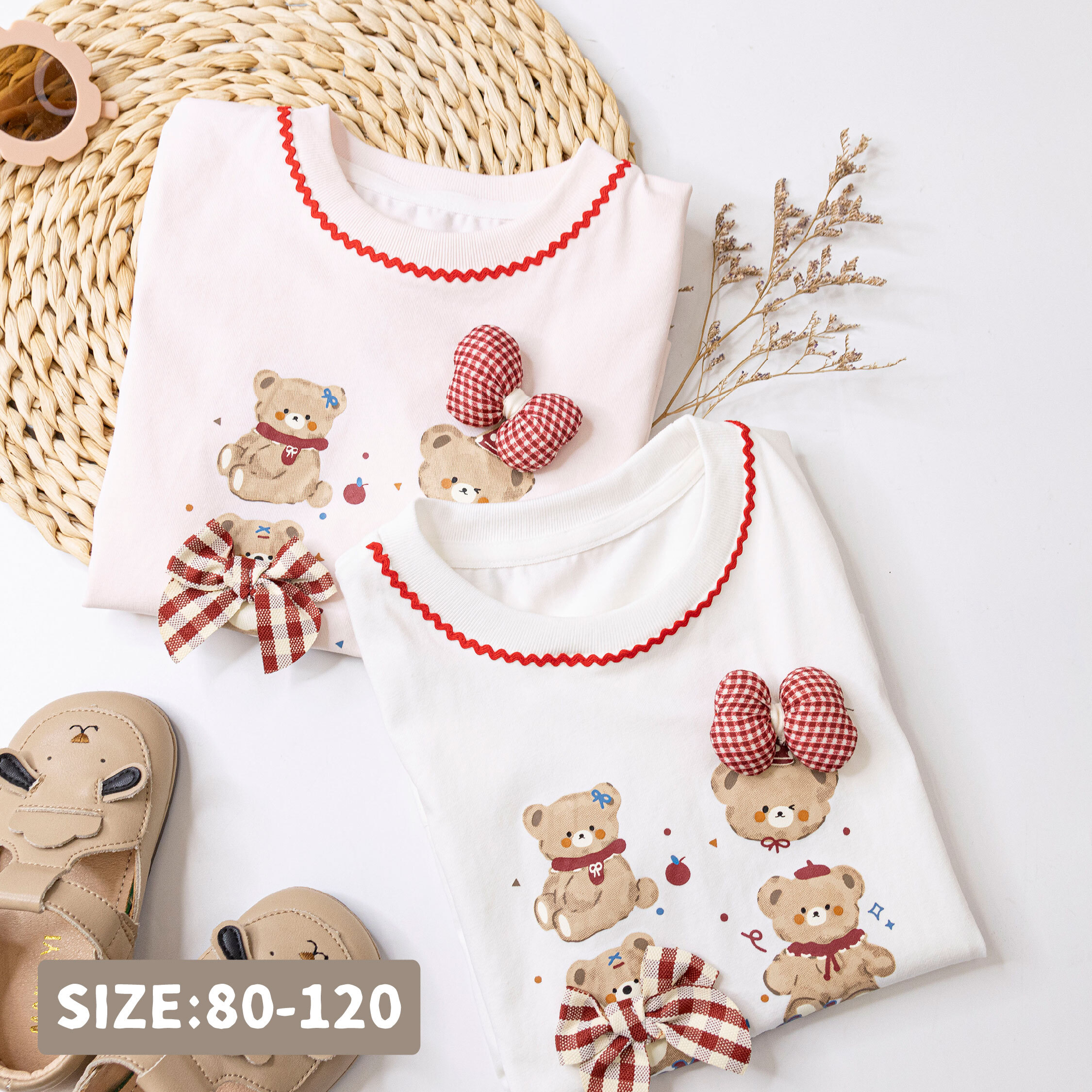 【H50511】立體蝴蝶結熊熊圓領上衣/短T＊二色