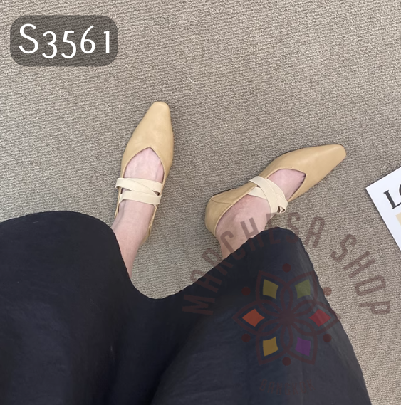 S3561 - 軟牛皮水磨彈力帶尖方頭平底鞋