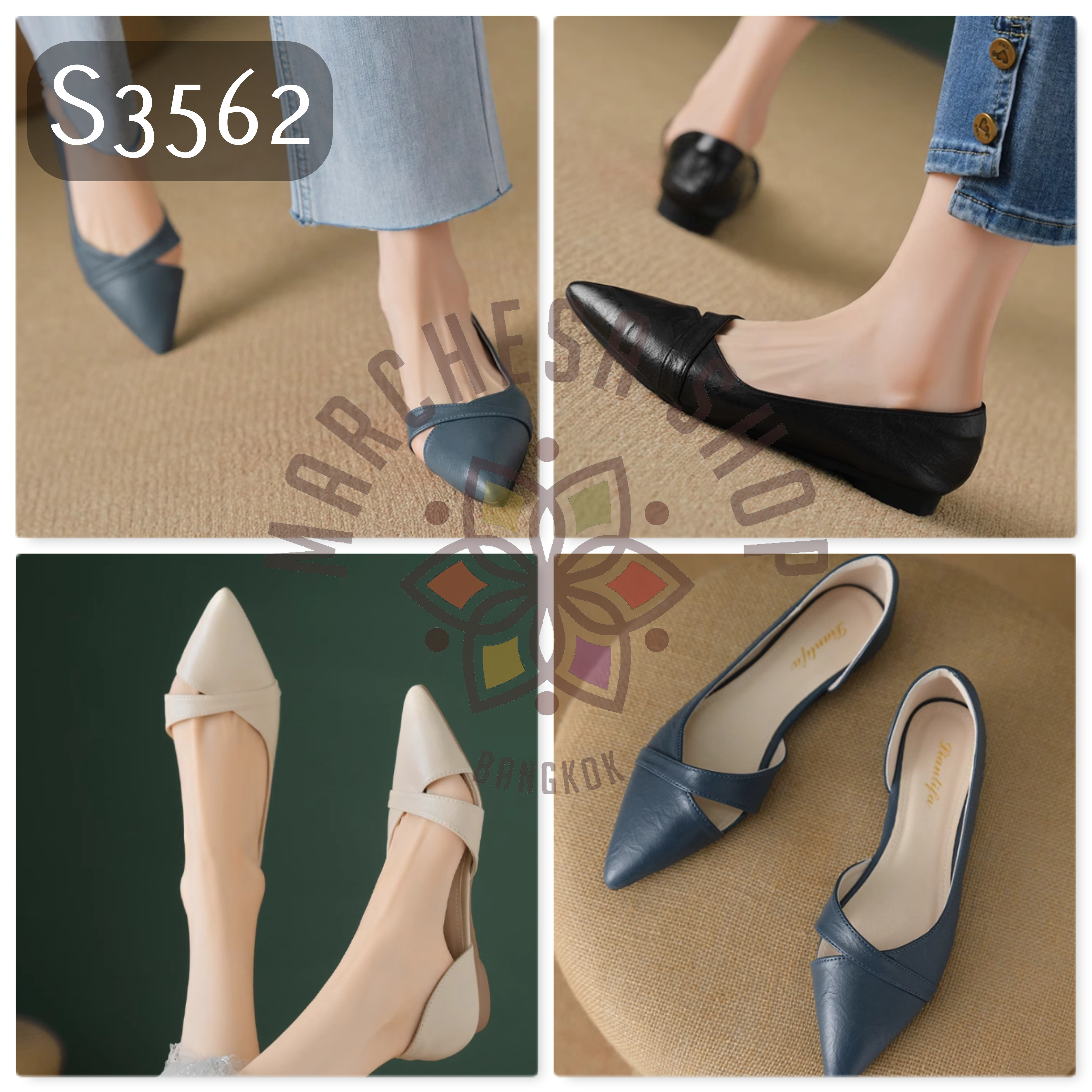 S3562 - 頭層牛皮側空尖頭平底鞋