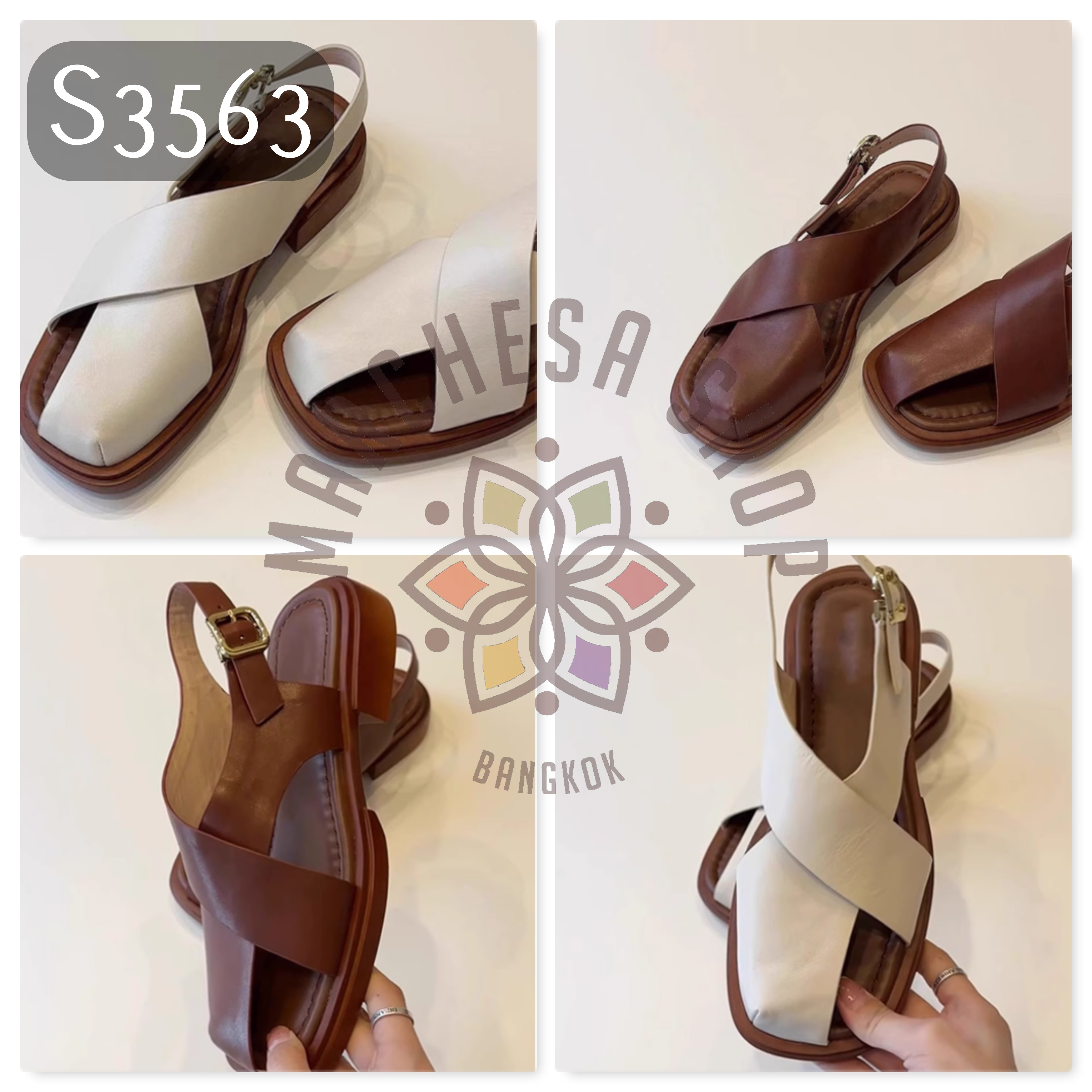 S3563 - 頭層小羊皮中空特色方頭平底涼鞋