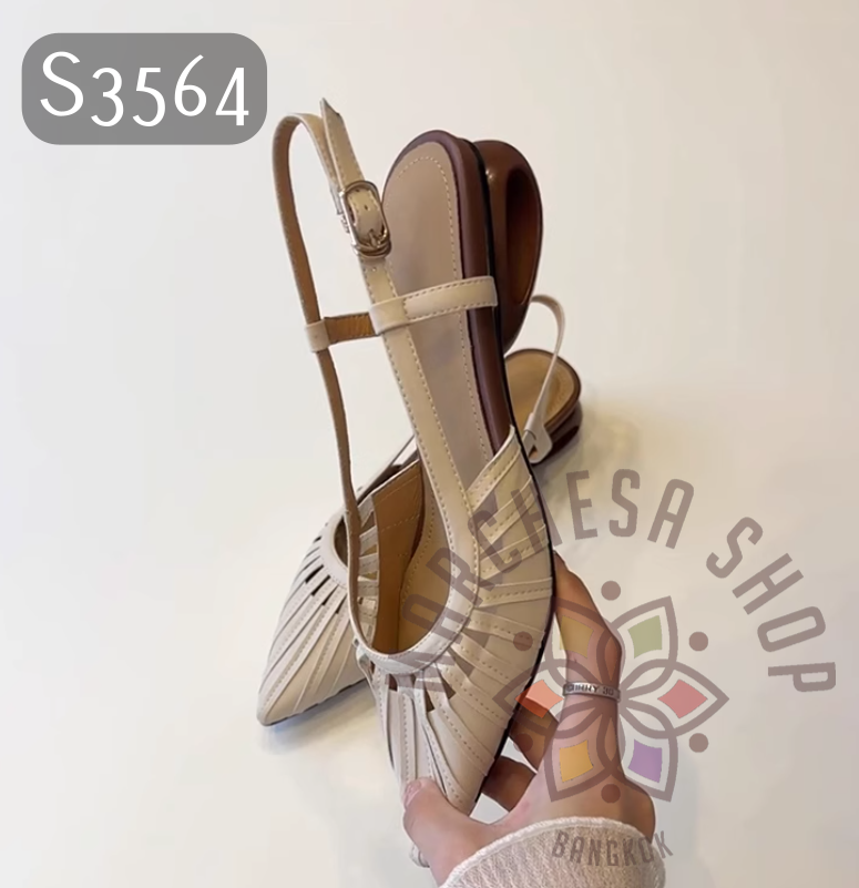 S3564 - 頭層小羊皮編織中空尖頭特色低踭涼鞋