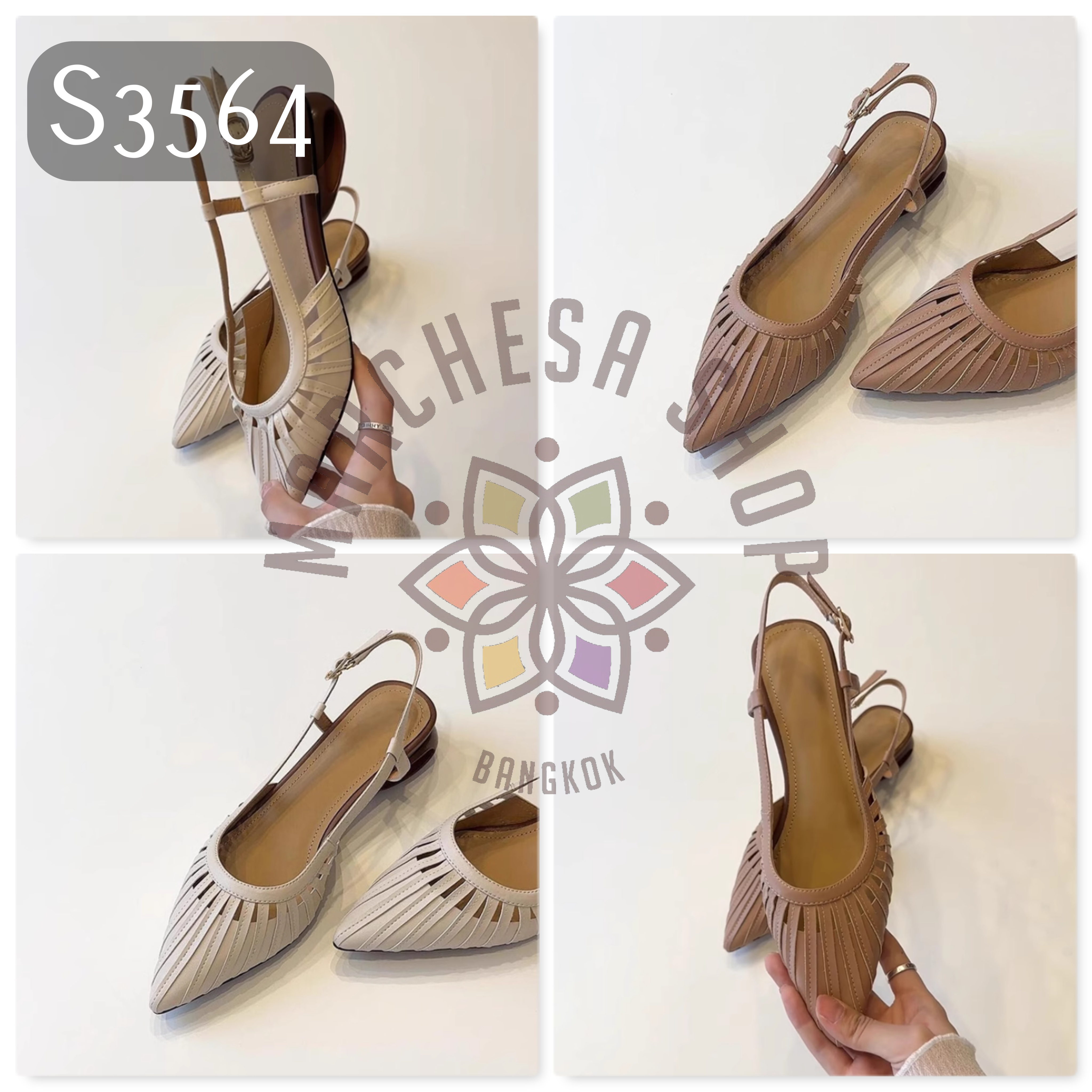 S3564 - 頭層小羊皮編織中空尖頭特色低踭涼鞋