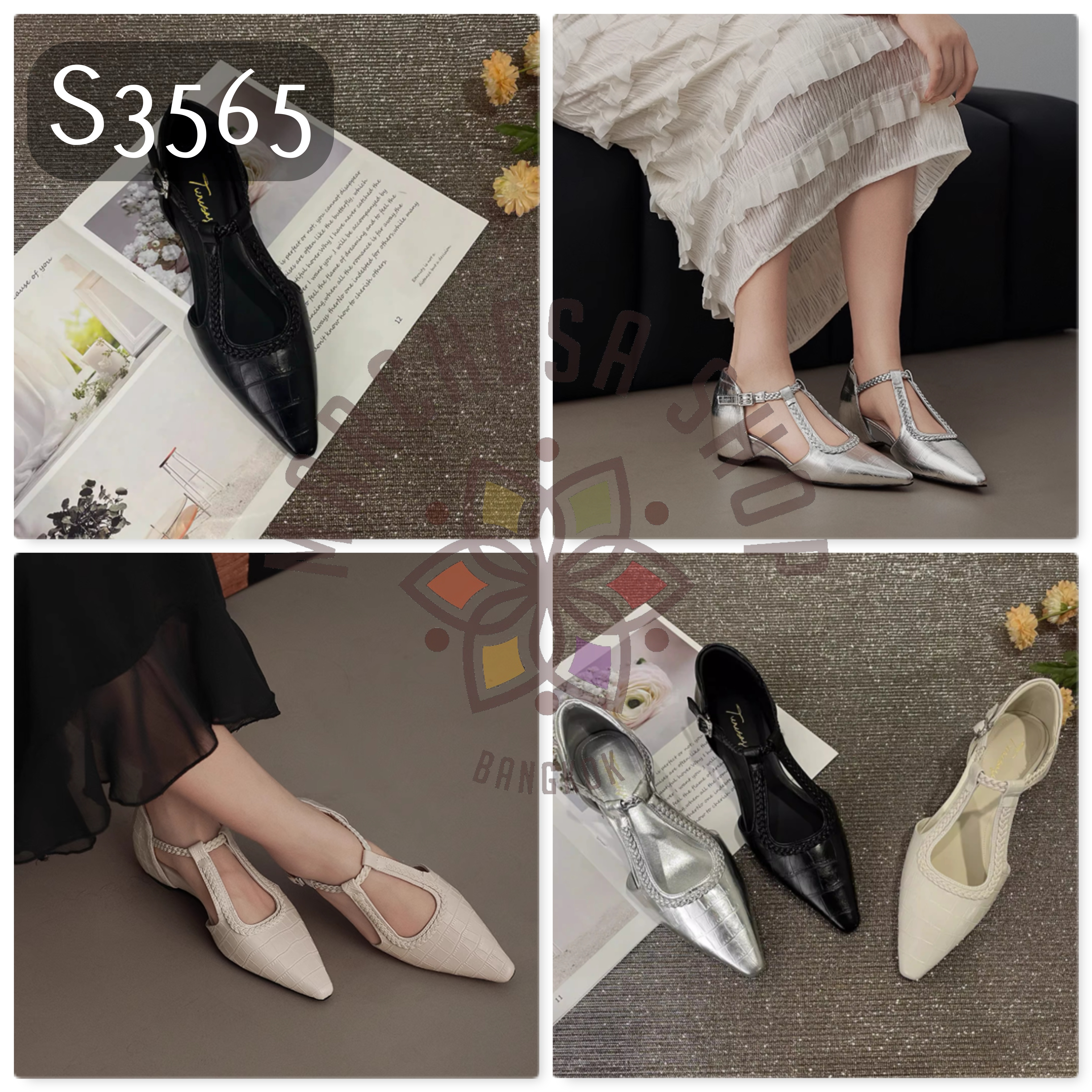 S3565 - 頭層牛皮編織中空尖頭船踭鞋