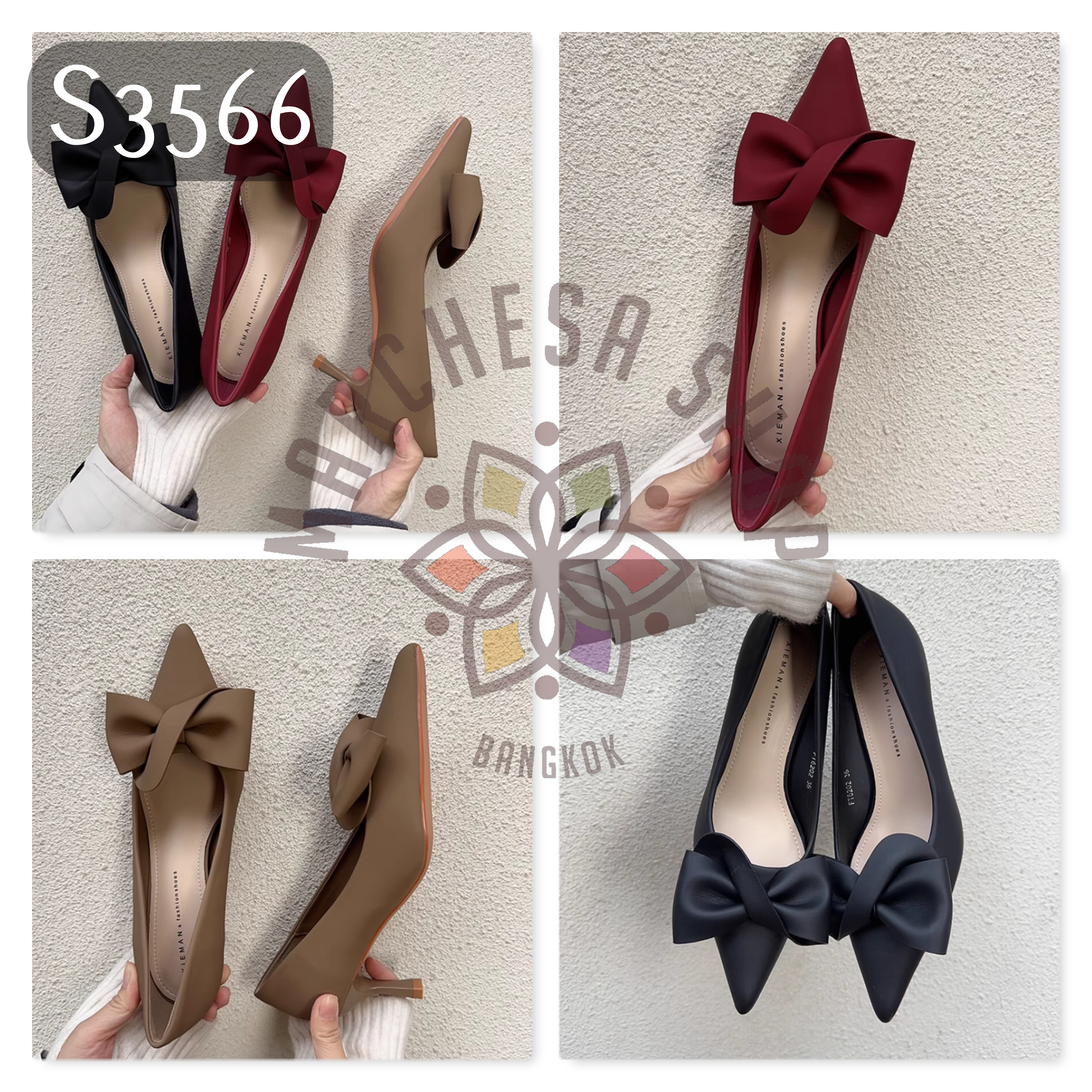 S3566 - 頭層羊皮絲絅扭結尖頭高踭鞋