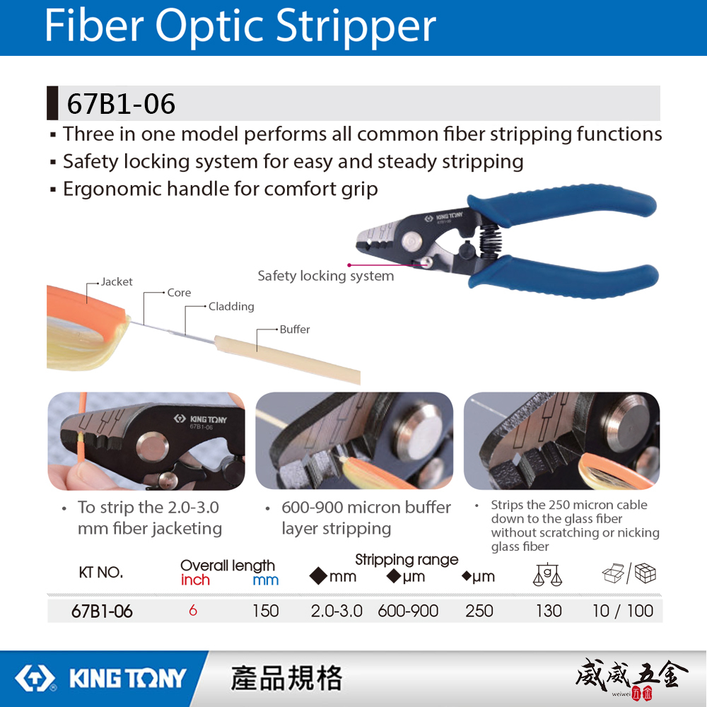 KING TONY 金統立｜67B1-06｜6" 光纖剝線鉗 三合一光纖線 舒適握把 6吋穩定剝皮鉗｜台灣製