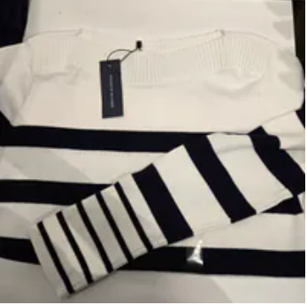 [S] TOMMY HILFIGER ECRU STRIPE BOATNECK SWEATER, XW04164-101 (STH1339)