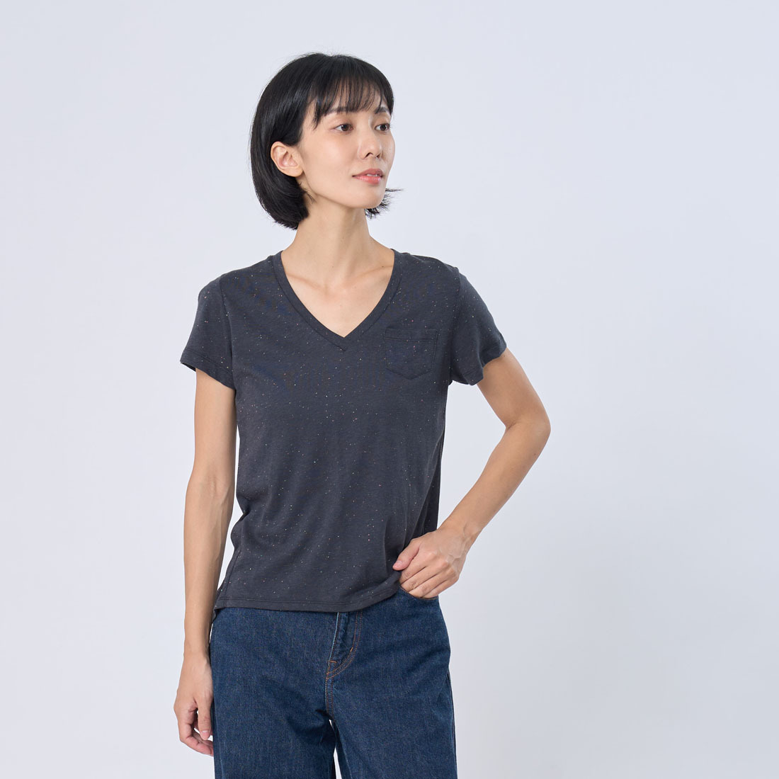 星彩棉V領燕尾口袋T恤上衣黑