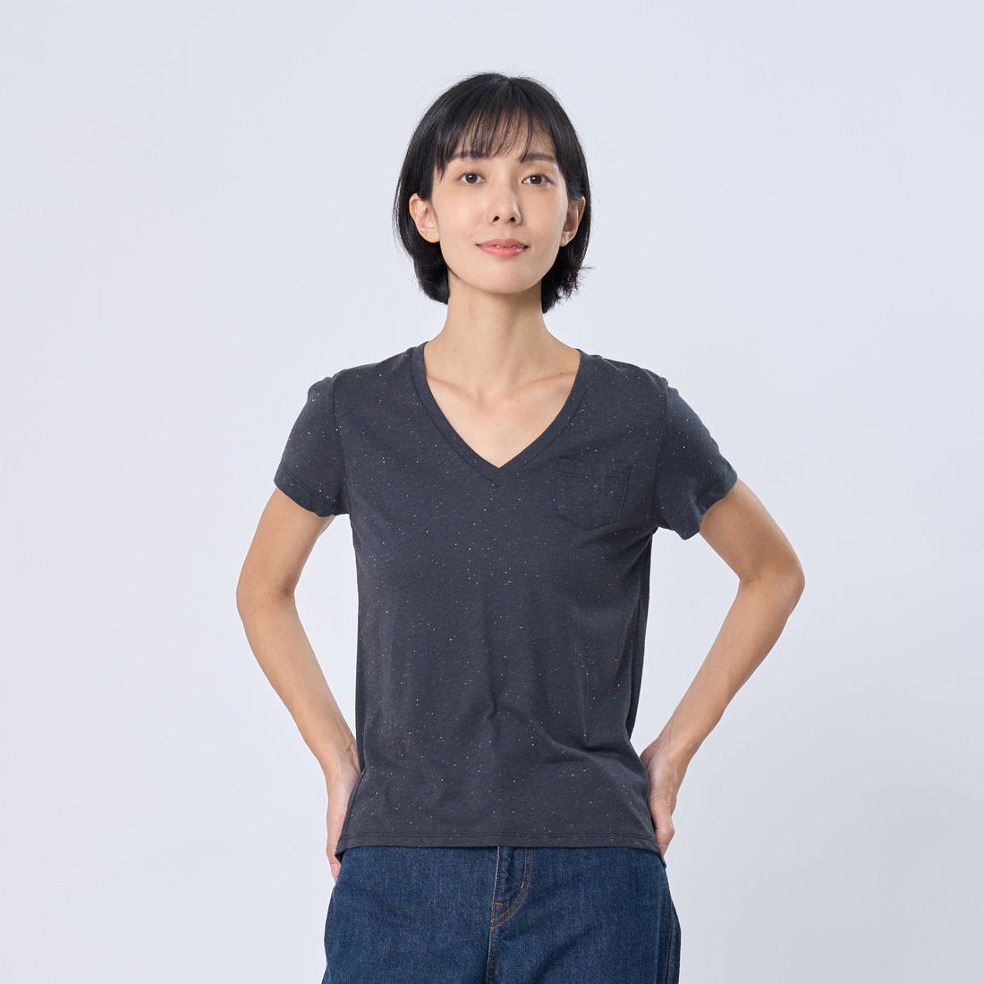 星彩棉V領燕尾口袋T恤上衣黑