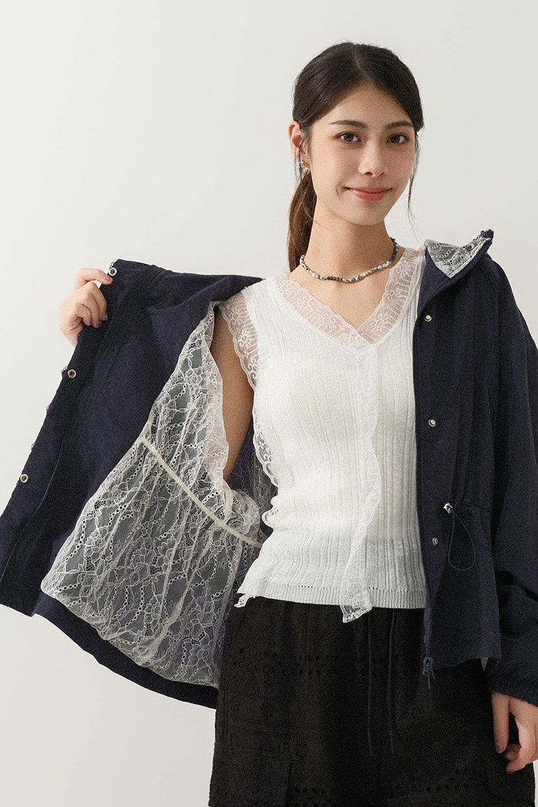 蕾絲內裡花邊帽風褸 (現貨款式）