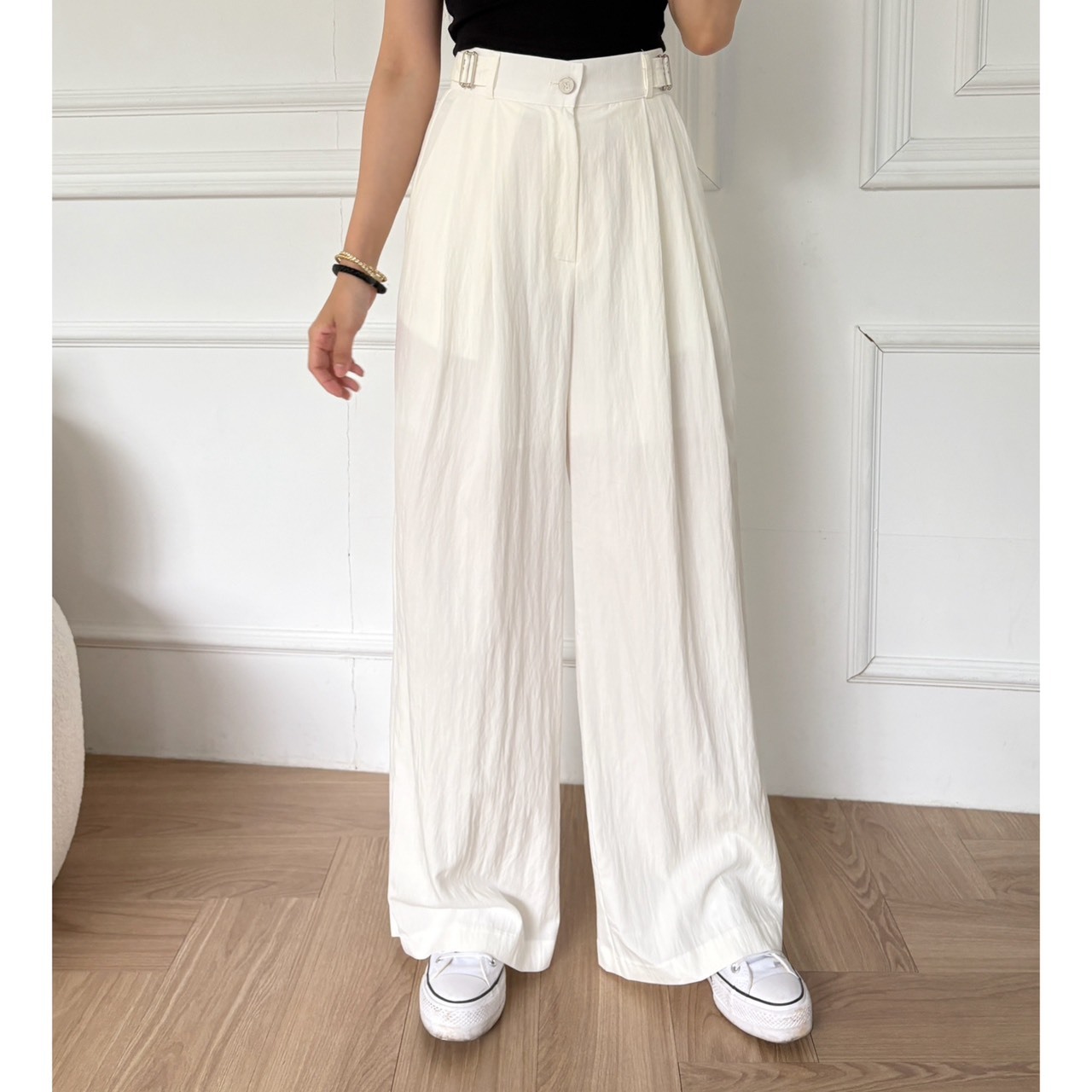 ［預購］💛06.11春夏新品］💥必買！瘦爆！私訊爆炸款］🇰🇷正韓高腰側釦環後鬆緊腰超瘦薄款棉麻寬褲（米白/兩色）