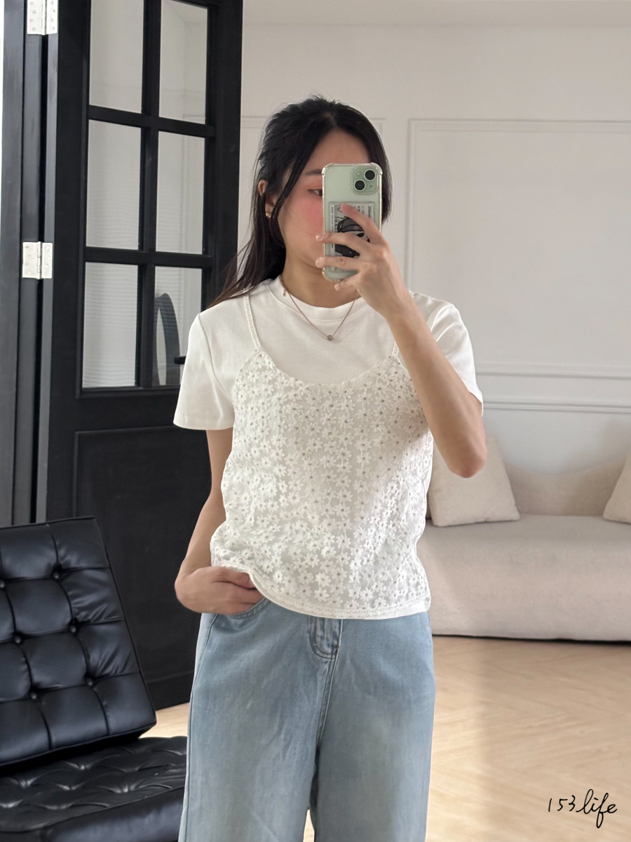 |現貨|氣質花朵刺繡假兩件上衣