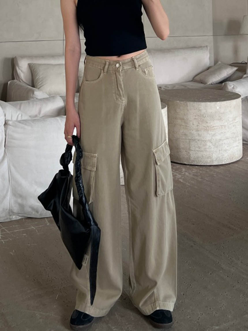 卡其工裝寬褲