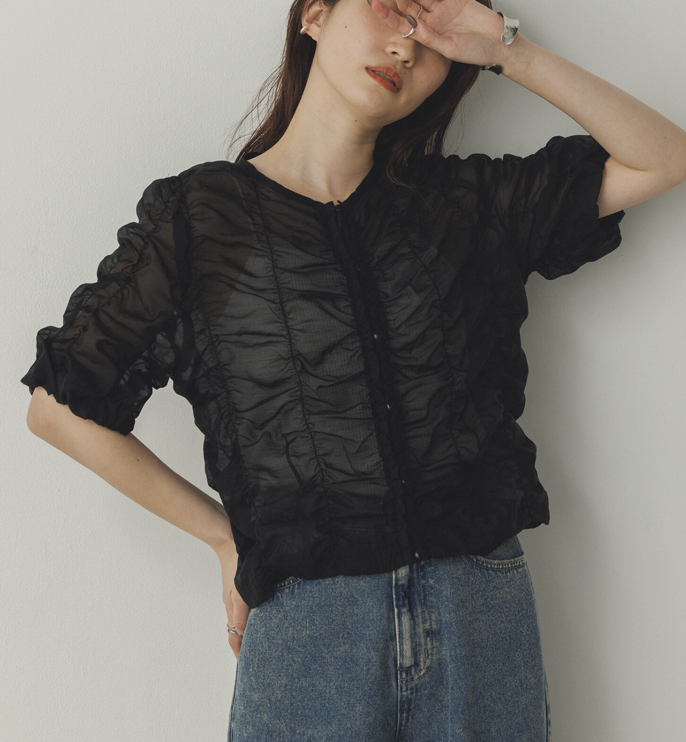 透明褶皺開胸上衣