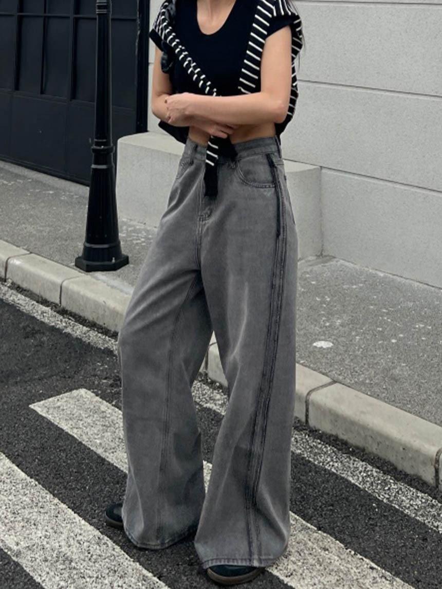 厚磅側邊鬚鬚牛仔寬褲*2色
