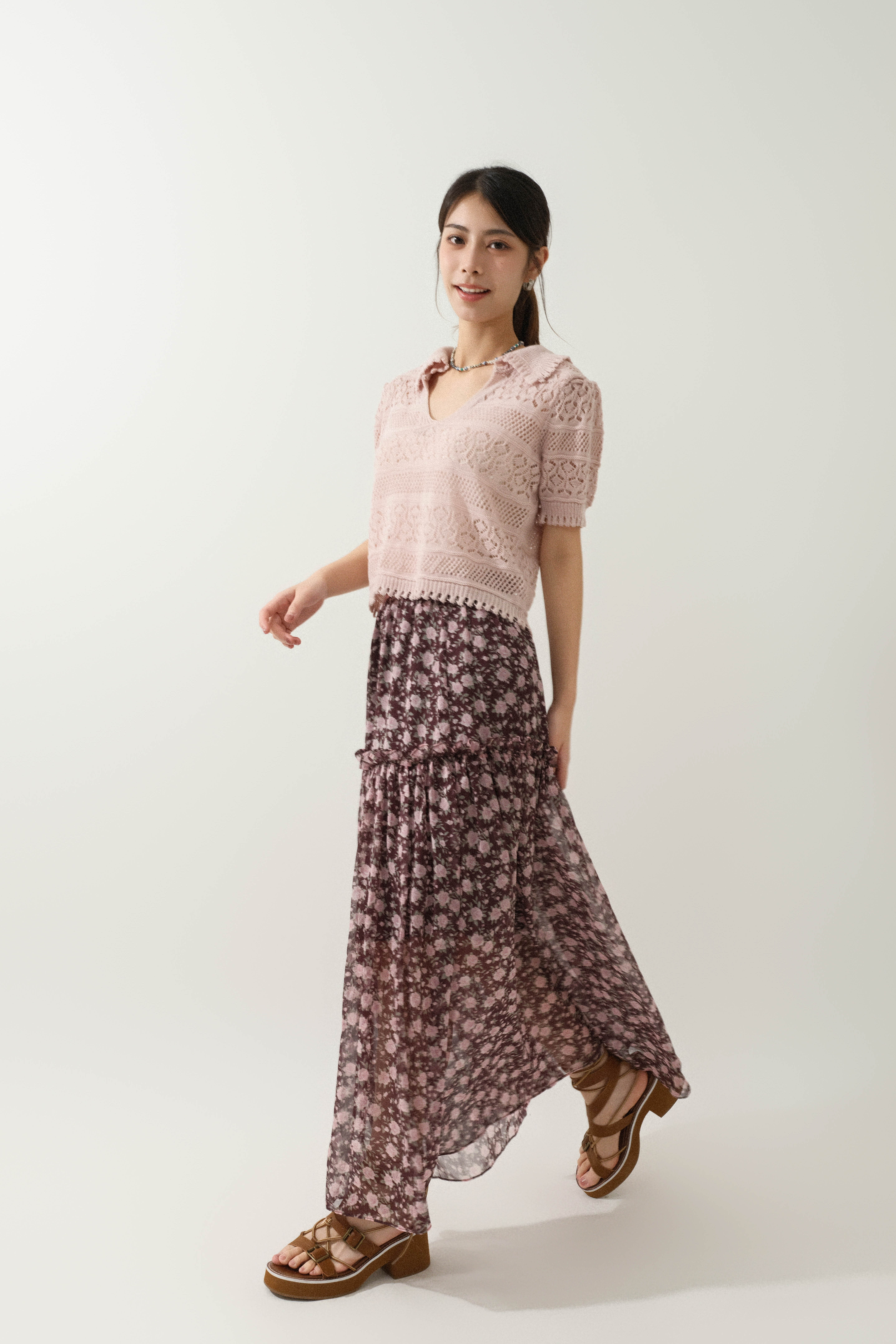 玫瑰碎花雪紡傘裙 (*現貨款式）