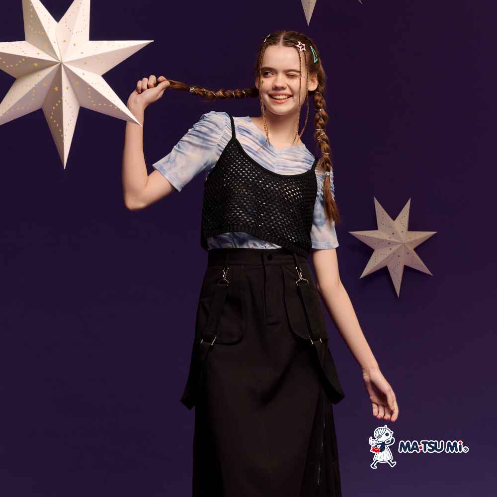 MA‧TSU Mi 水墨暈染抓皺透膚彈性上衣(水藍)