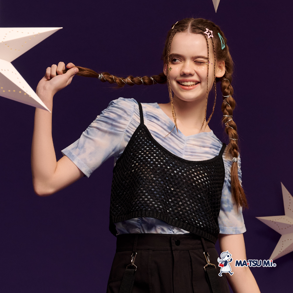 MA‧TSU Mi 水墨暈染抓皺透膚彈性上衣(水藍)