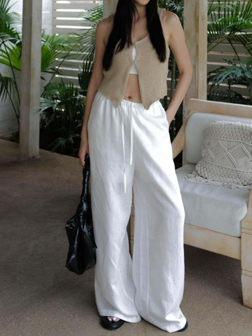 麻料雙內裡渡假綁帶寬褲*4色