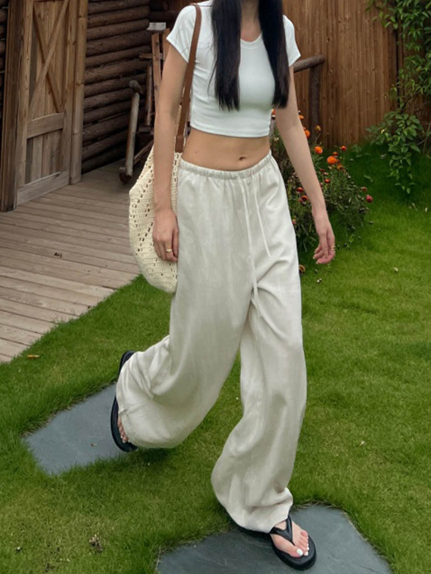 麻料雙內裡渡假綁帶寬褲*4色