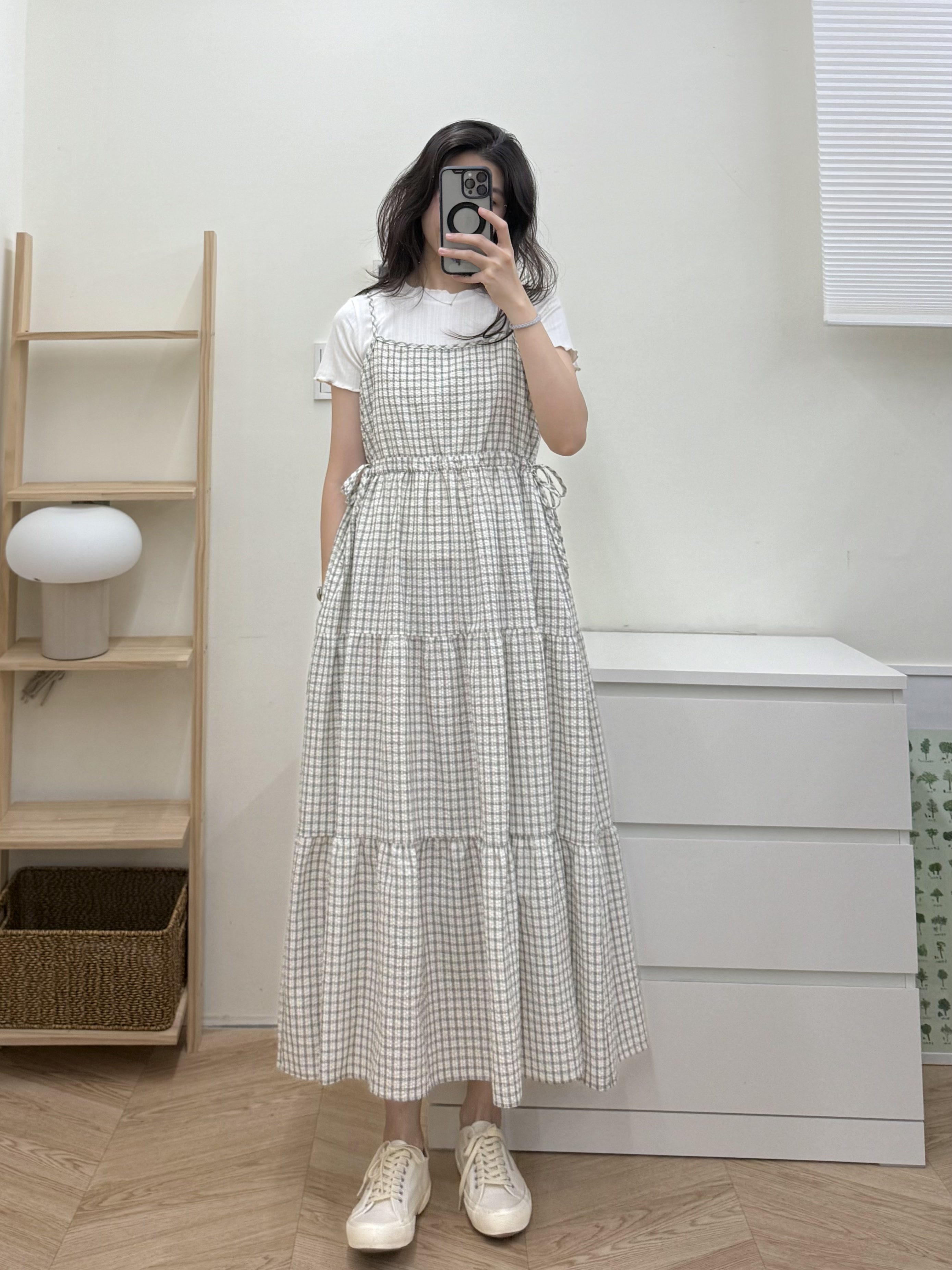 泡泡格細肩蛋糕洋裝