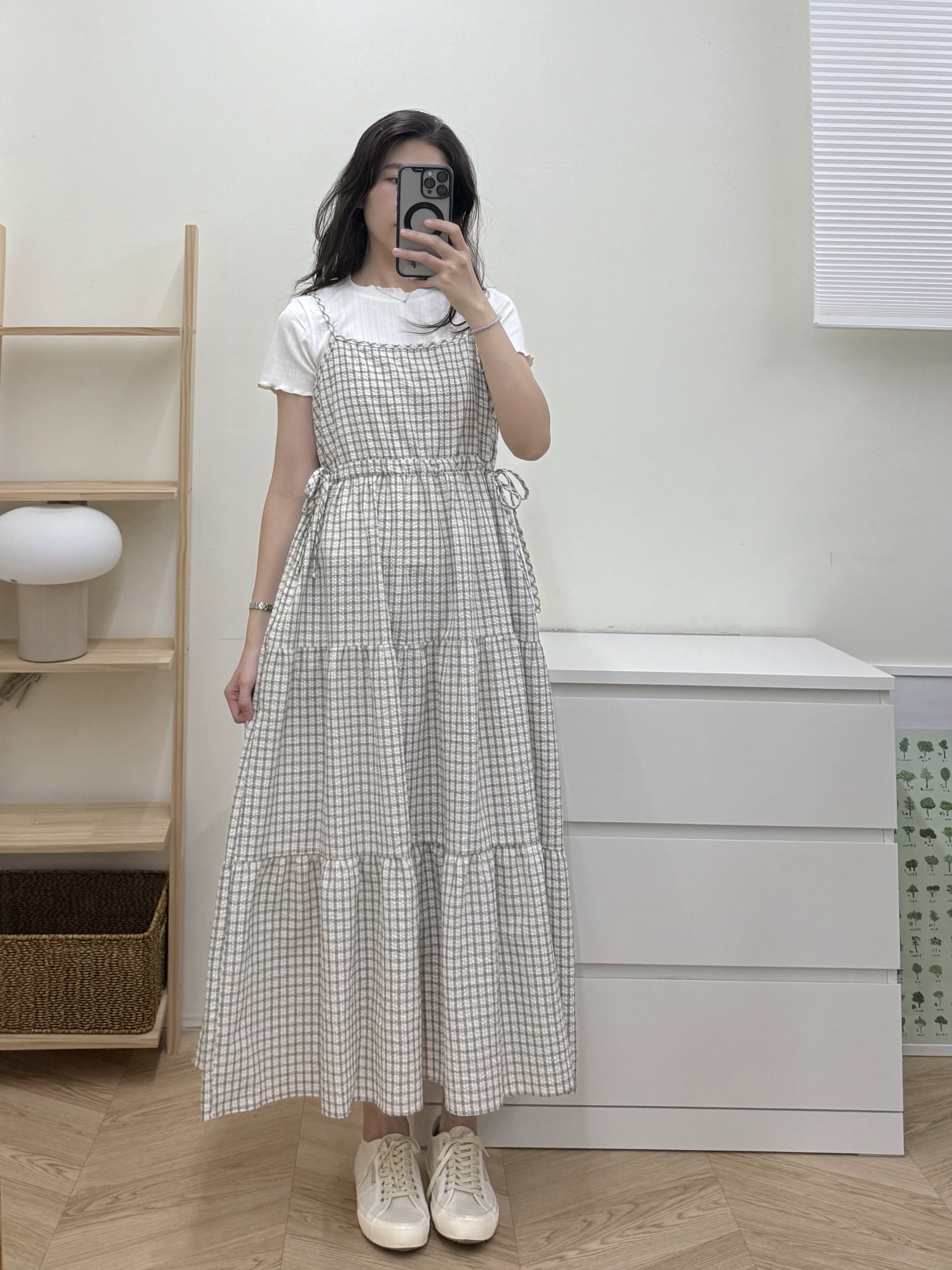 泡泡格細肩蛋糕洋裝