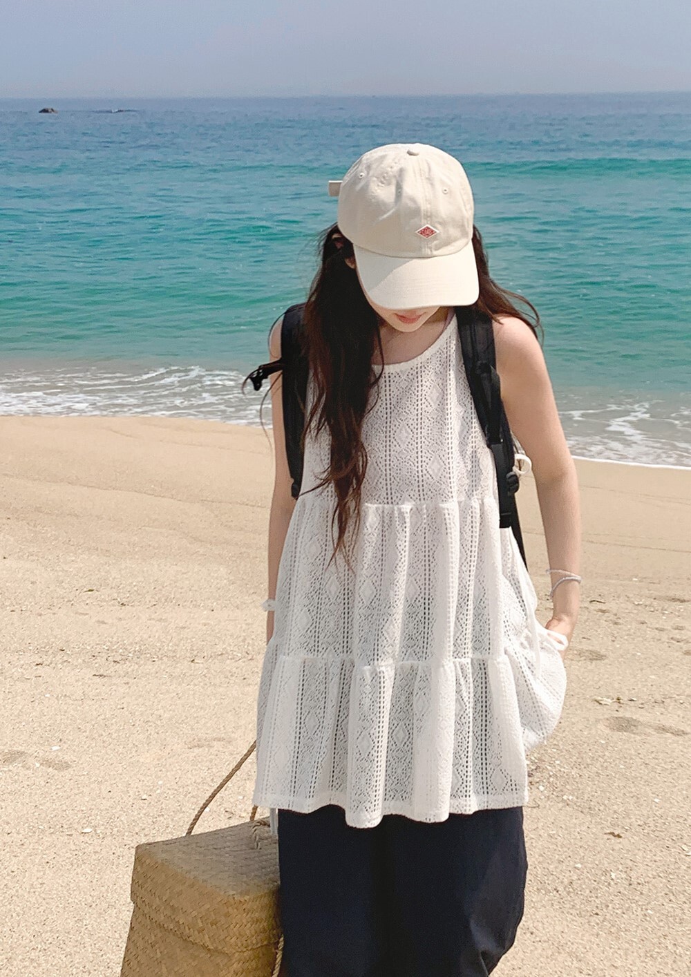 韓國grace muse授權 夏戀編織感側綁帶無袖洋裝式上衣