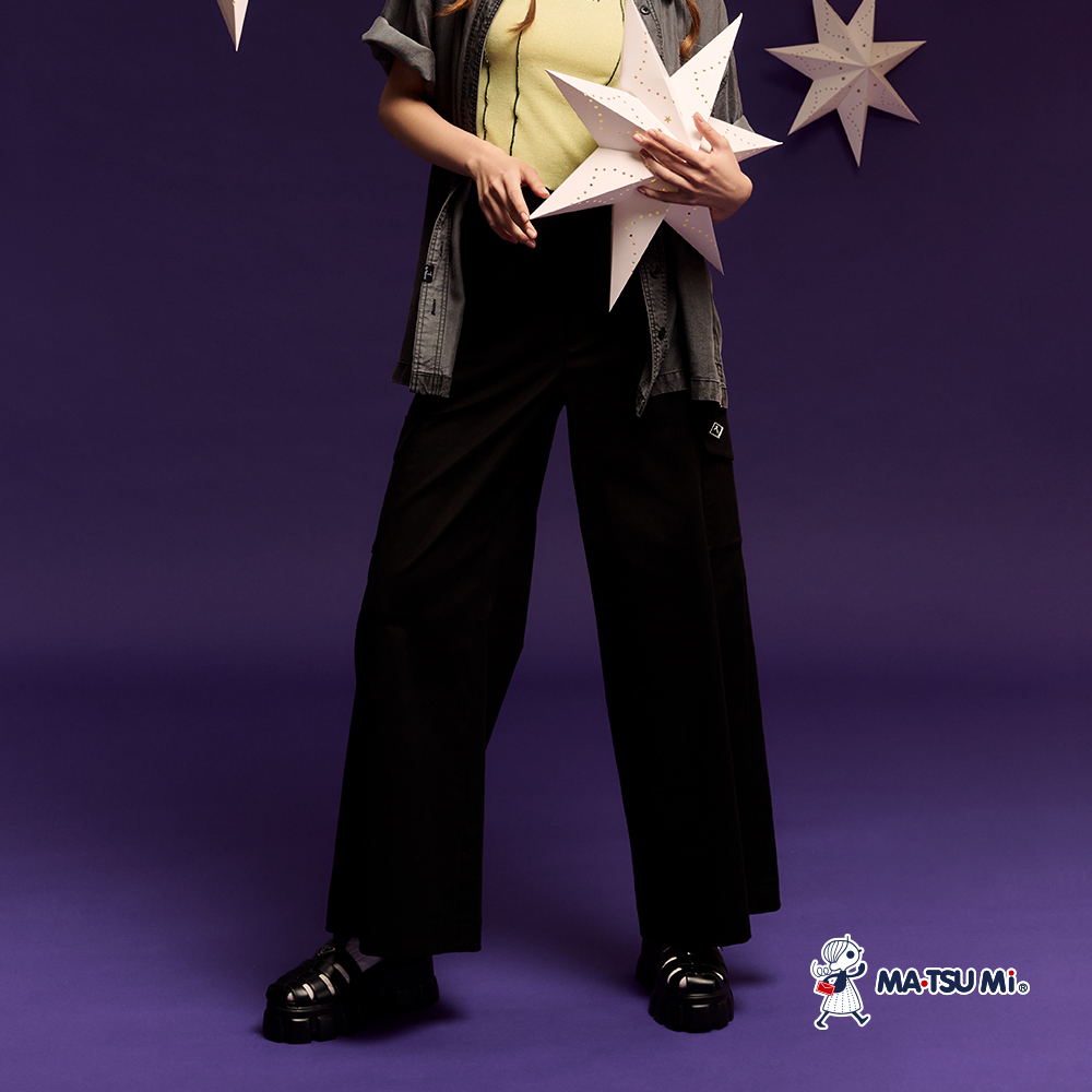 MA‧TSU Mi 甜酷風拉鍊大口袋設計工裝寬褲(黑)