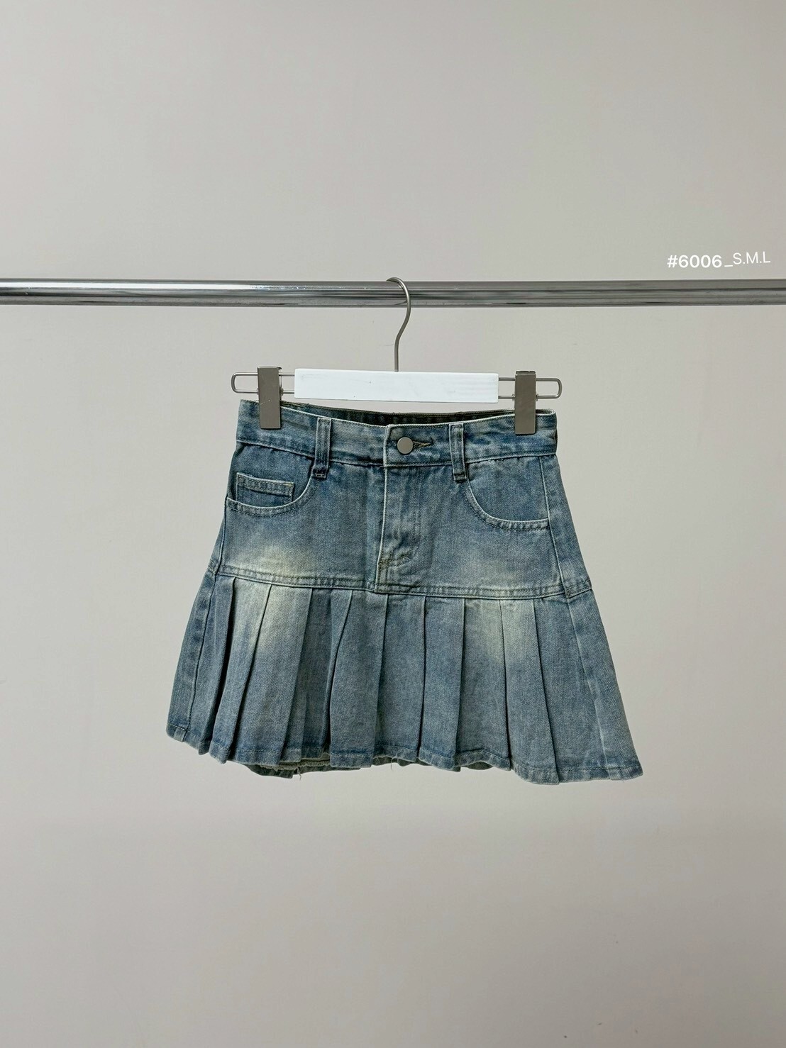 復古刷色百褶牛仔短裙 6006