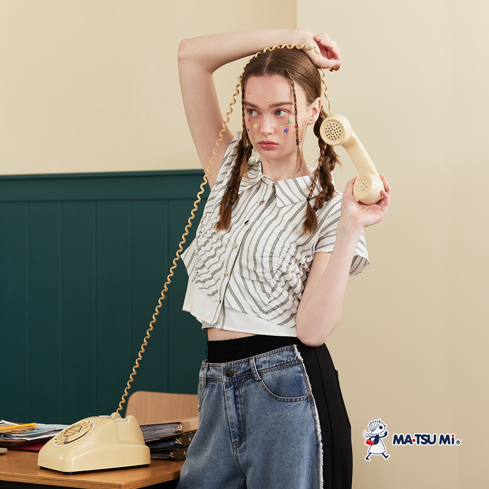 MA‧TSU Mi 薄款異材質拼接假兩件抽鬚寬褲(黑)