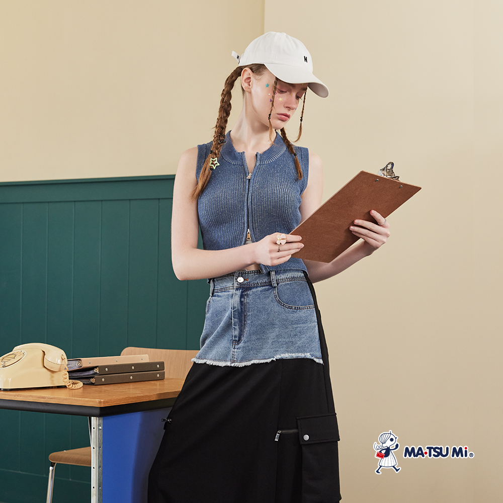 MA‧TSU Mi 薄款異材質拼接拉鍊抽繩氣球工裝裙(黑)