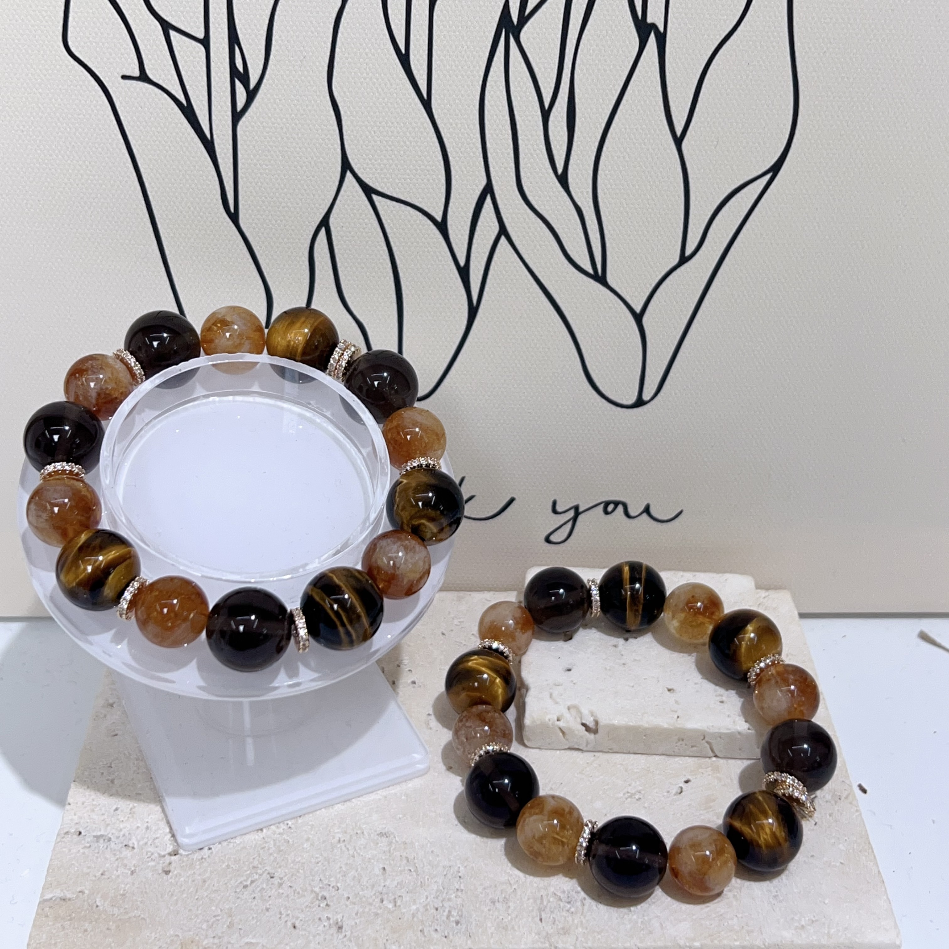 大金霸黃水晶拼黃虎眼茶晶純銀設計款 14mm