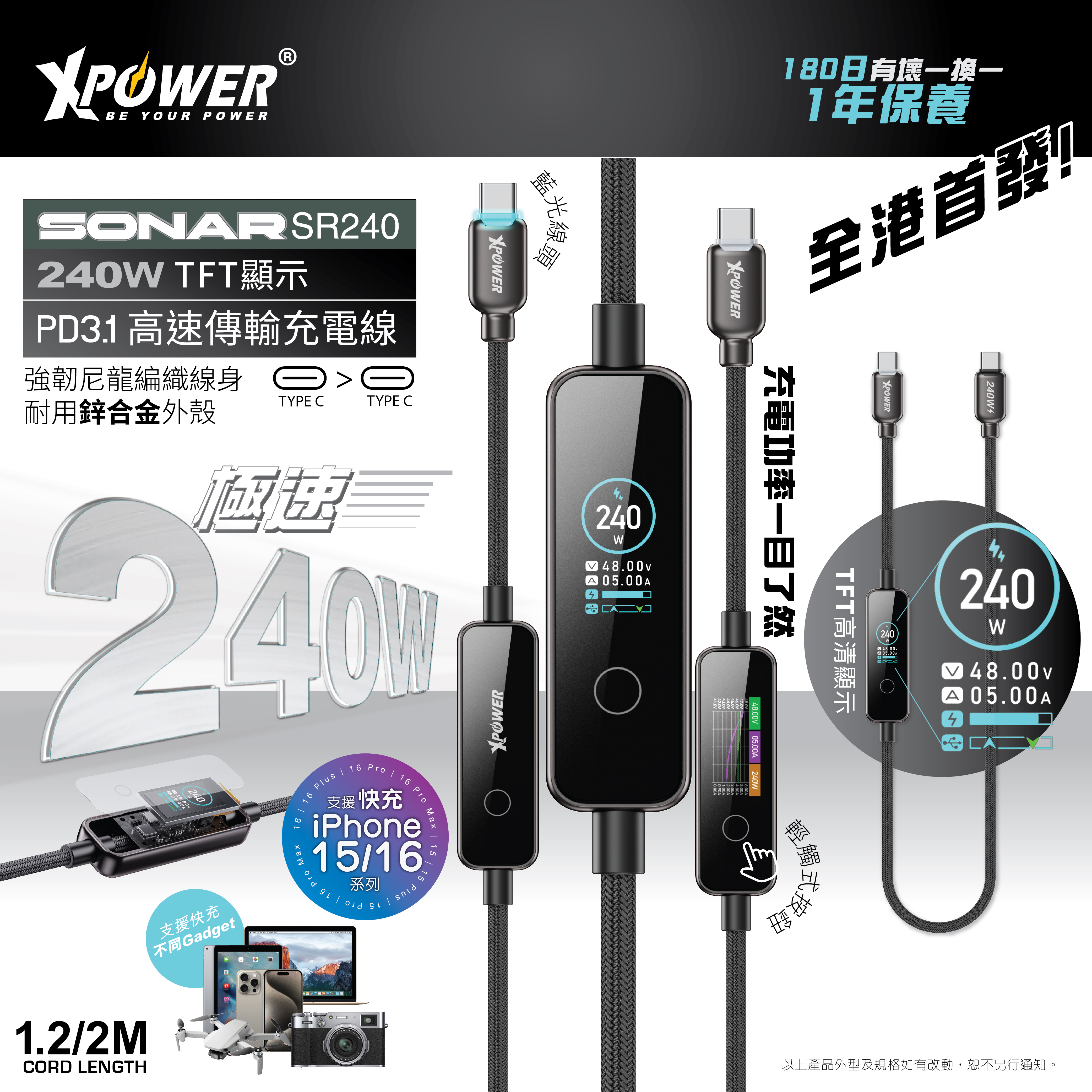 XPower SONAR SR240 TFT顯示鋅合金 240W PD3.1高速傳輸充電線