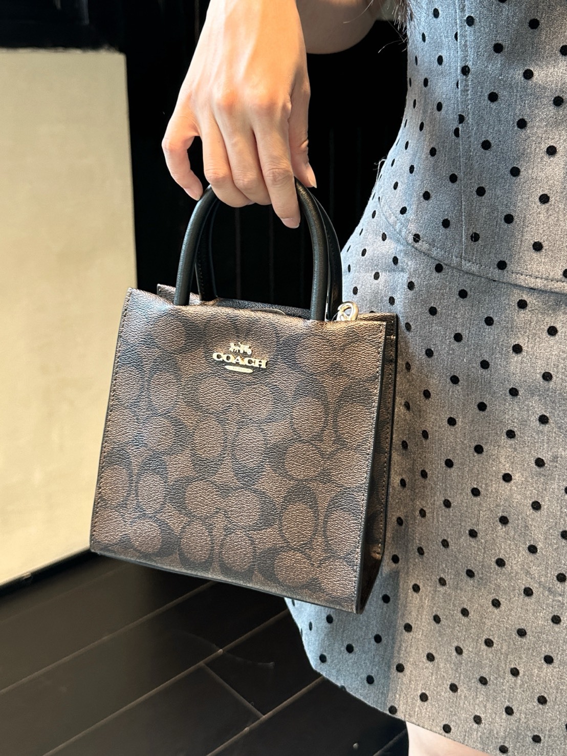 COACH蔻馳 經典老花滿印 黑棕色琴譜包 迷你款