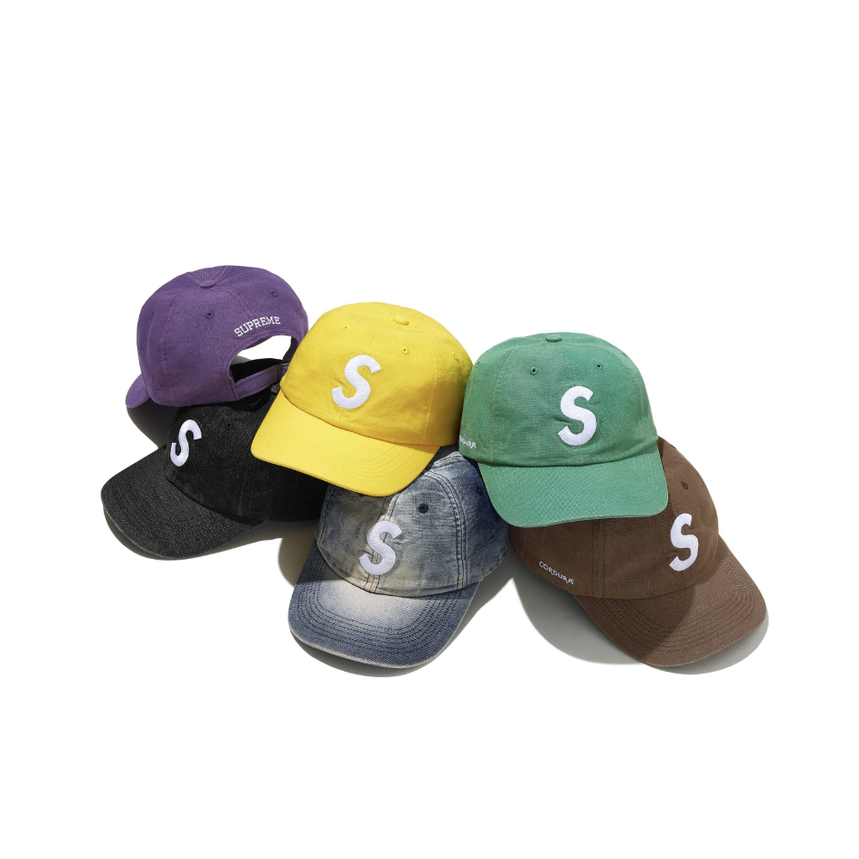 -(B06)-SUPREME CORDURA DENIM S LOGO 6-PANEL 抗撕裂材質 六分割帽 黑色/單寧/紫色/咖啡/綠色/黃色-SS25H90
