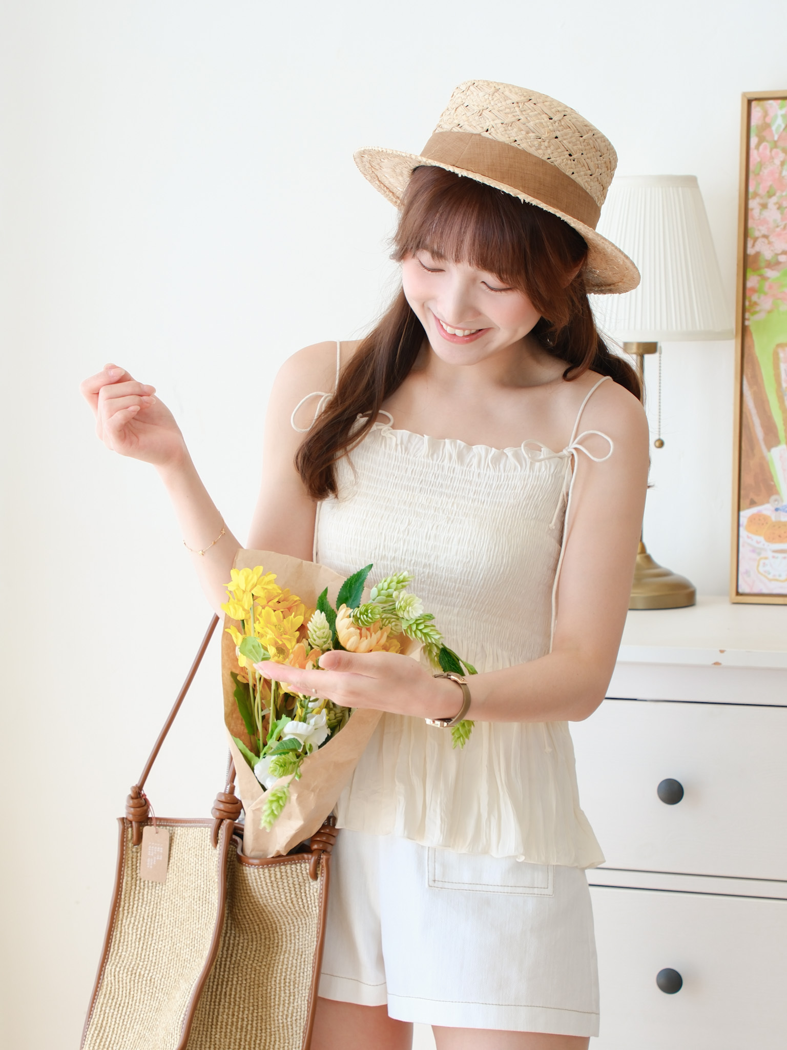 肩帶綁結皺皺料上衣 (淺杏/天藍) TOP525