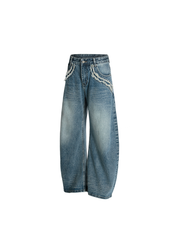 - SIMPLEACTION - 美式復古水洗毛邊口袋彎刀牛仔褲