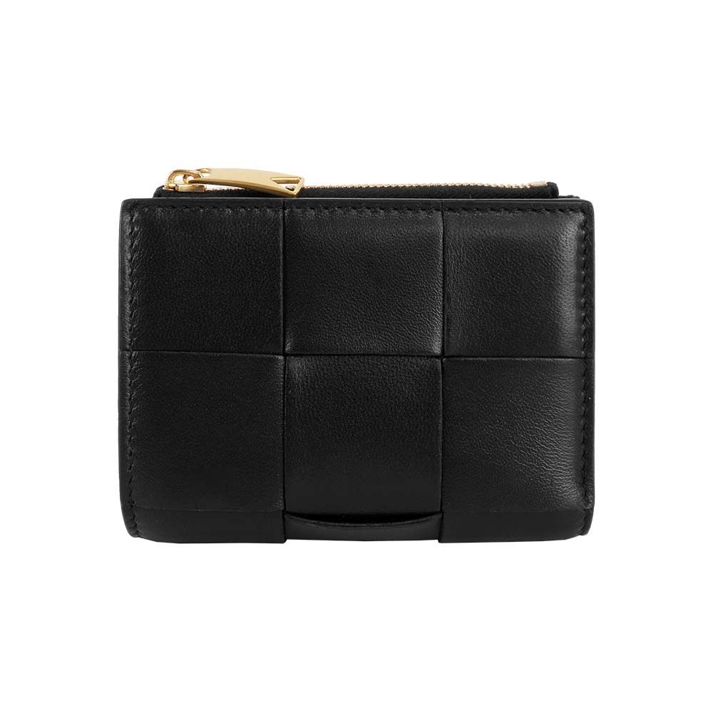 【Bottega Veneta】大格小羊皮編織拉鍊零錢袋暗釦短夾(黑色)