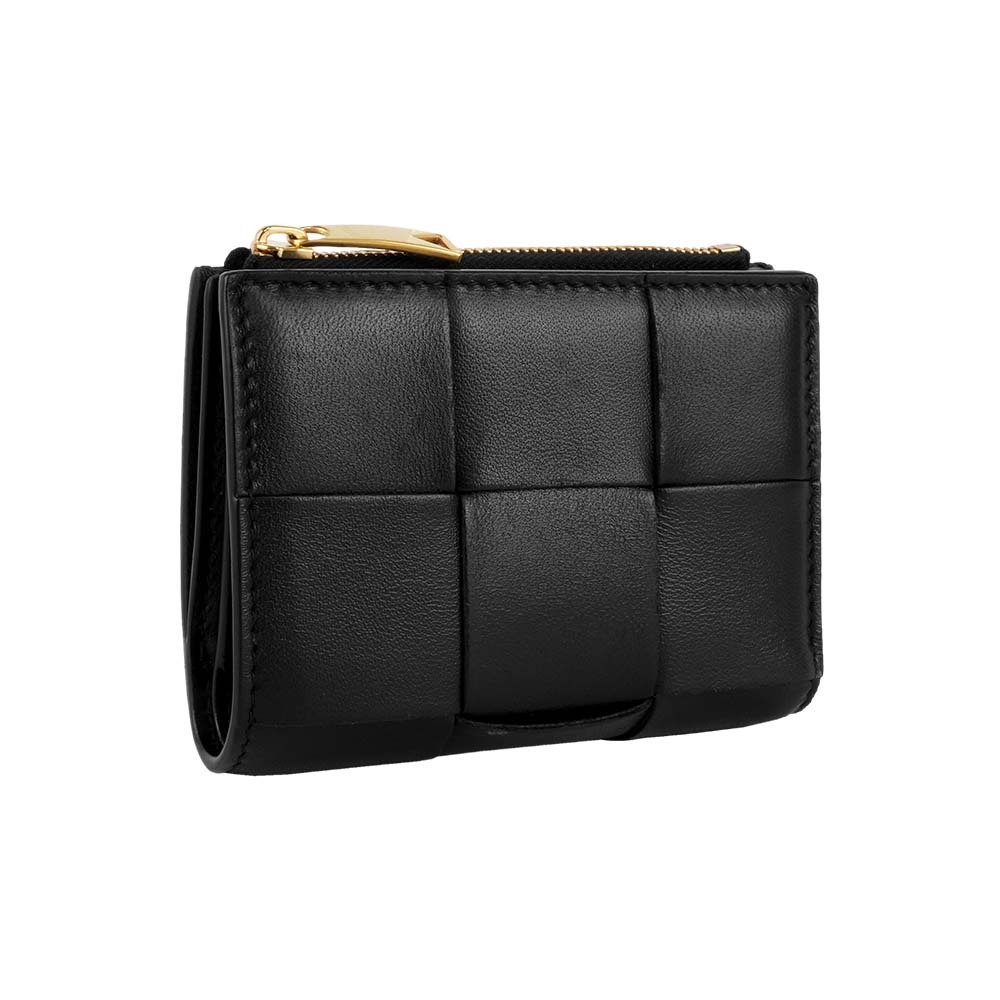 【Bottega Veneta】大格小羊皮編織拉鍊零錢袋暗釦短夾(黑色)