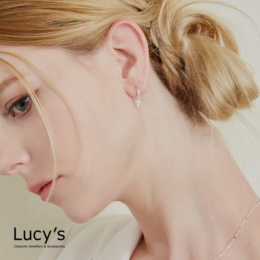 925純銀 迷你十字架 易扣耳環 (118654)