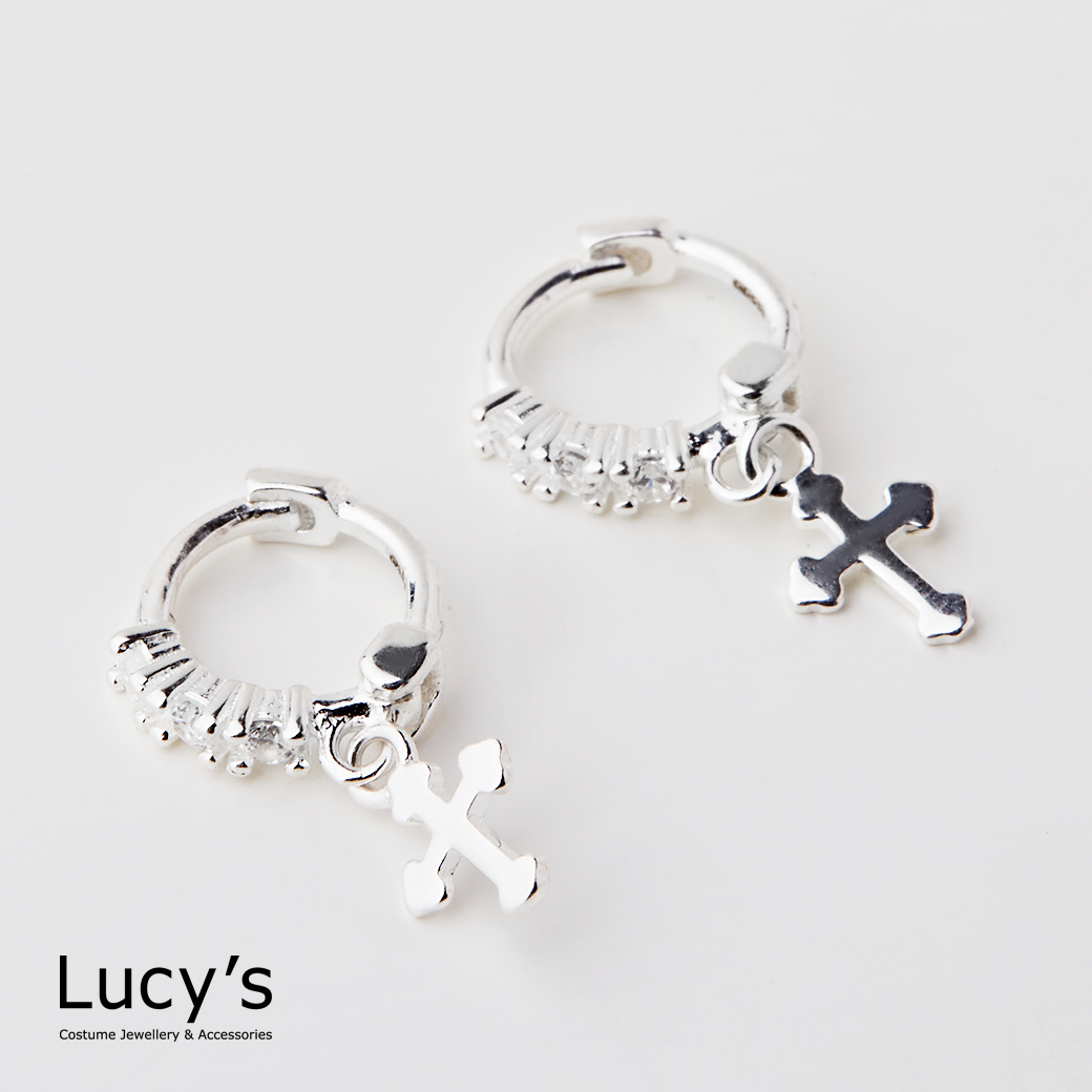 925純銀 迷你十字架 易扣耳環 (118654)