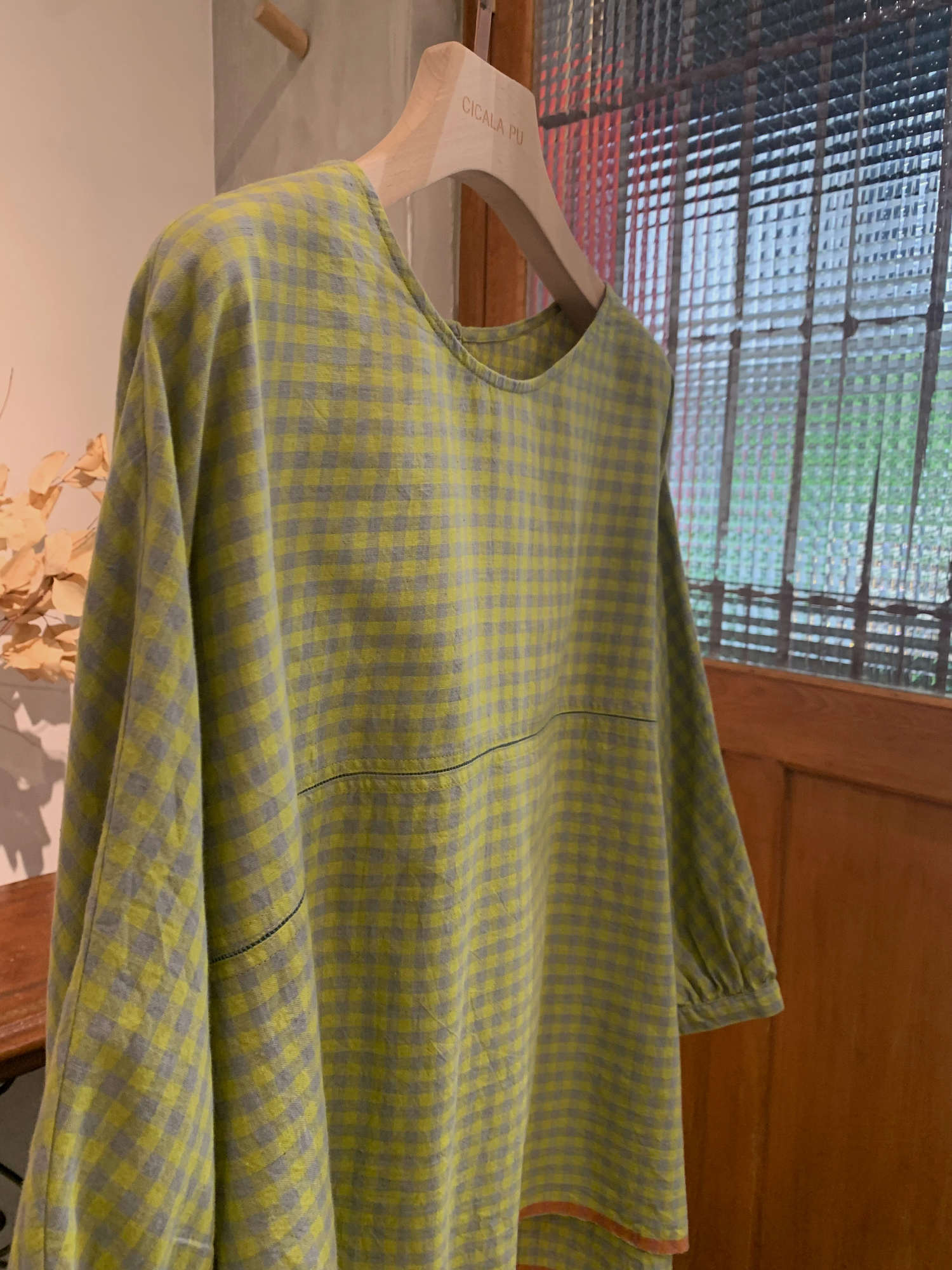 Bunai 手織棉  檸檬黃格上衣 100%cotton (HANDLOOM)