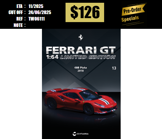 PO-$126 * TARMAC * 1:64 FERRARI 488 PISTA 2018 [OD11/06]