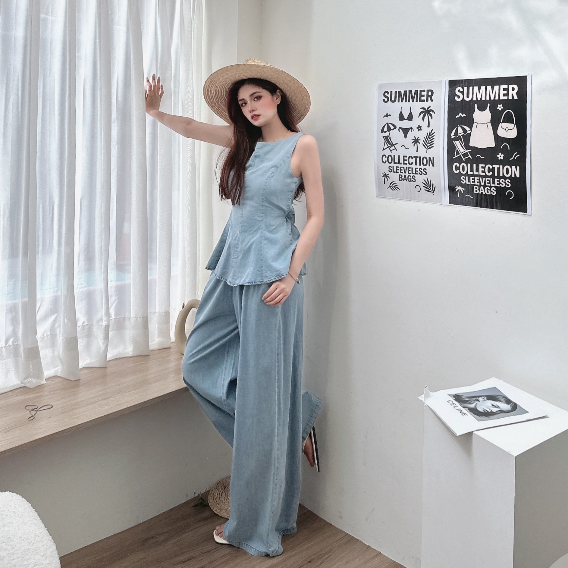 後簍空綁結牛仔寬褲套裝/二色