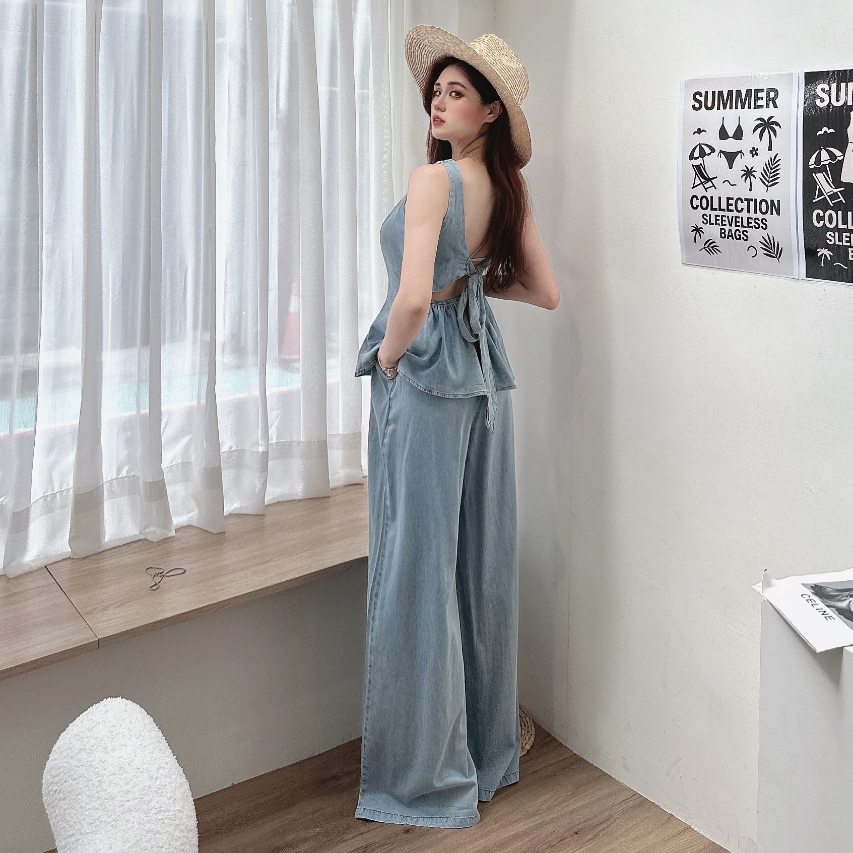 後簍空綁結牛仔寬褲套裝/二色